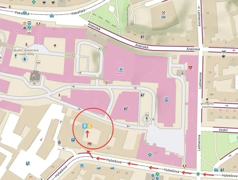 Mapa s cestou k budově FNUSA
 			Mapa s cestou k budově FNUSA